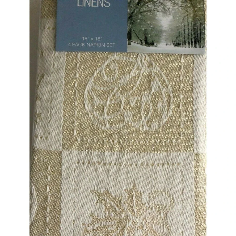 Christmas Napkins Set Of 4 Reindeer Angels Gold Jacquard Textured Woven 18x18